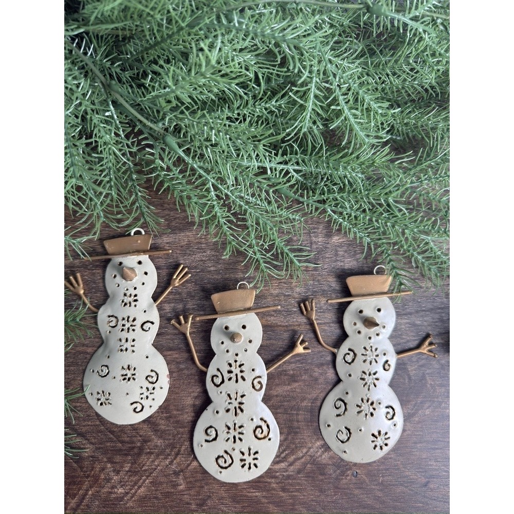 Metal Snowman Christmas Ornaments Set of 3 Pierced Rustic Gold White 5 inch